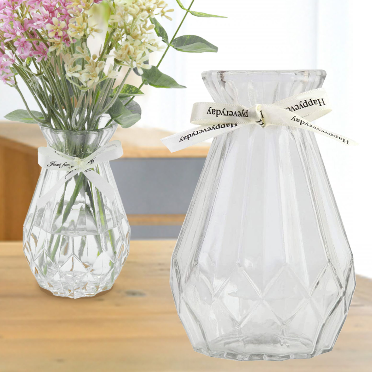 花瓶 おしゃれ ガラス 小さめ 倒れにくい ミニサイズ 透明 フラワーベース 北欧 かわいい 小さい 花びん 小 瓶 かわいい 可愛い ビン 高さ15cm リボン 花器 かびん 玄関 リビング 食卓 ミニ 15cm プレゼント CHURACY 送料無料