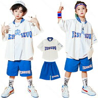 青 白 半袖 ベースボールシャツ 夏 キッズ ダンス衣装 セットアップ 男の子 女の子 かっこいい おしゃれ …