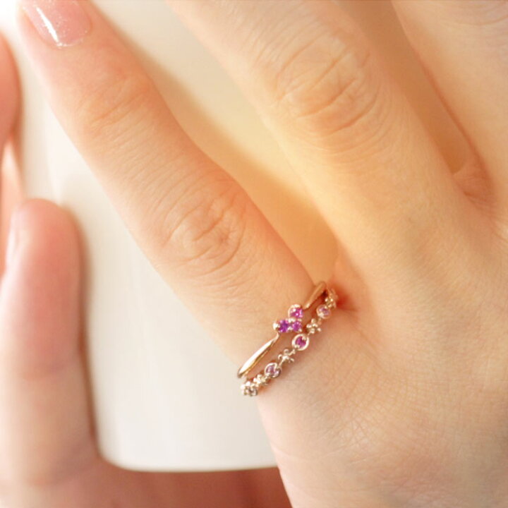 楽天市場 ピンキーリング 9月誕生石 ピンクサファイア K10 K18ピンクゴールド K10pg K18pg ハート フラワー ピンキーリング ユウェール シェリー ユウェール フローラ 2本セット 国産 日本製 製造オーダー品 約日間納期 誕生石ネックレスのciao