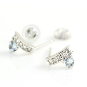 アクアマリン ピアス ラウンドカット 3mm & ダイヤモンド 0.04ct スタッドピアス K10ホワイトゴールド(K10WG) 誕生石 3月 「スティックライン」 国産 日本製/製造オーダー品 約20日間納期
