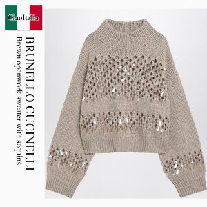 yʌE݌ɌEҏIz ulN`l / Brunello Cucinelli Brown Openwork Sweater With Sequins / M52367304W / M52367304W C077 / M52367304WC077 / jbgEZ[^[
