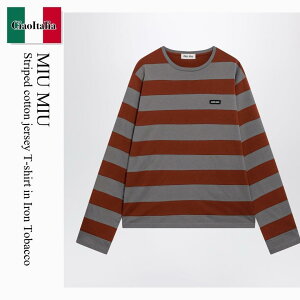 �y���ʌ���E�݌Ɍ���E�����ҏ����I�z �~���E�~���E / Miu Miu Striped Cotton Jersey T-Shirt In Iron Tobacco / MJLA59 F0VC7 / MJLA59 OOO195L F0VC7 / MJLA59OOO195LF0VC7 / T�V���c�E�J�b�g�\�[