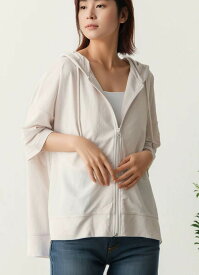 【Sans Souci 34+】レディース パーカー 接触冷感 春夏 オーバーサイズジップパーカー ゆったり シンプル 5分袖パーカー 冷房対策 サンスーシー サンヨンプラス