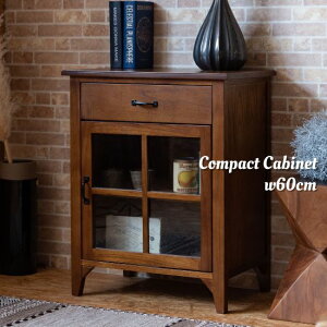 天然木 コンパクト ガラスキャビネット 幅60cm 奥行40cm 高さ75cm 木製 ミンディ材 ガラス扉 戸棚 キャビネット 棚 2段 引き出し 引き出し付き 脚付き スリム コンパクト ミニ アイアン ブラウン
