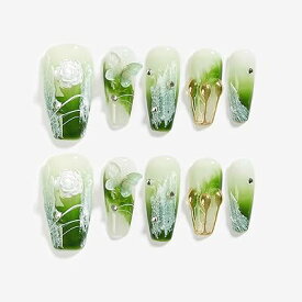 Sun&Beam Nails 手作り ネイルチップ ミディアム ロング バレリーナ 緑 グリーン 蝶 花 人気 3D おしゃれ 可愛い デザイン つけ爪 付け爪 収納ボックス付き 10枚入 (M, 09 ナチュラルグリーン)