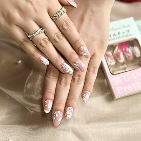 Sun&Beam Nails ネイルチップ ミディアム ショート オーバル サンゴ色 肌色 白 花 3D デザイン おしゃれ 可愛い つけ爪 付け爪 24枚入(#213)