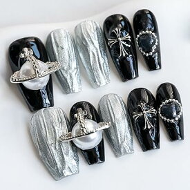 Sun&Beam Nails 手作り ネイルチップ ミディアム ロング バレリーナ ブラック 黒 銀 人気 3D おしゃれ 可愛い かっこいい デザイン つけ爪 付け爪 収納ボックス付き 10枚入 (#44 S)
