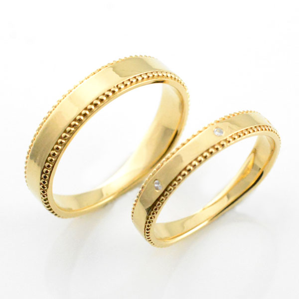 k18 リング 婚約指輪 結婚指輪 マリッジリング エンゲージリング ペアリング 18k ミル打ち 平ウチ イエローゴールド ダイヤモンド 記念日  レディース メンズ 指輪 ブライダル | シエロブルー