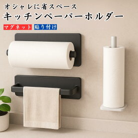 【壁面収納革命】 【工具不要で簡単設置】 キッチンペーパーホルダー 多機能収納ラック タオル掛け付き キッチン収納 壁掛けタイプ 粘着取り付け ペーパータオルホルダー 省スペース スリム設計 穴あけ不要 台所収納グッズ 炭素鋼製 マグネット付き ペーパーホルダー