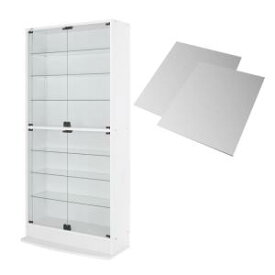 【上質家具】 壁面収納 LED付きコレクションラック ワイド 本体 両開きタイプ 背面ミラー2枚セット 奥行29