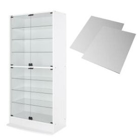 【上質家具】 壁面収納 LED付きコレクションラック ワイド 本体 両開きタイプ 背面ミラー2枚セット 奥行39