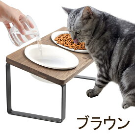 【5/20(水)限り★ポイント10倍 ！】猫食器 ネコボウル ねこエサ入れ 食器スタンド ねこ給食 ペット ボウル フード用 スタンド 竹製 ねこ ご飯台 陶製 フードボウル ダブル おやつ皿 小型犬 セラミック フード用 ペット食器台 15°斜め フードスタンド シンプル