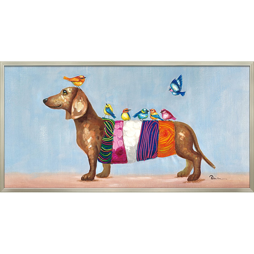オイルペイントアート 動物画 バーズ オン ダックス OP-22027 103x53cm 油絵 額付き 犬 かわいいインテリア通販 取寄品  シネマコレクション | キャラクターのシネマコレクション
