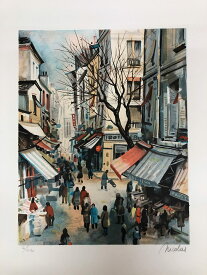 絵画　リトグラフ　ニコラス　「裏通り」　ARCHES　アルシュ水彩紙（フランス製）使用