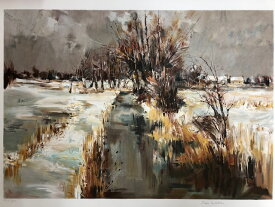 絵画　リトグラフ　ピエール　リテリエ　「冬の川」　ARCHES　アルシュ水彩紙（フランス製）使用