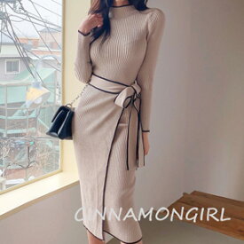 【おすすめ★人気商品】【全2色】ニットロングワンピース　ベージュ ブラック【knit-0126ygop】シナモンガール Cinnamon Girl 超ミニ マイクロミニ 韓国 胸元 セクシー ボディコン (0128)(lam）