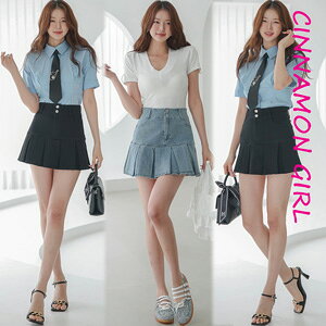 【インナーパンツ付】【全3色】プリーツミニスカート デニム ブラック S/M/L 【pleats-j25050207sk】( mja )(250515)シナモンガール Cinnamon Girl 超ミニ マイクロミニ 韓国 胸元 セクシー cinnamongirl レ