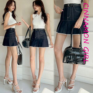 【ベルトセット】【インナーパンツ付】【全2色】デニムプリーツミニスカート ダークブルー ライトブルー S/M/L【denim-250409bsk】(lam )(250513)シナモンガール Cinnamon Girl 超ミニ マイクロミニ 韓