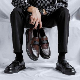 メンズ 革靴 英国 ビジネス カジュアル ソフトレザー 通気性 秋 黒 スリッポン ビーニー ローファー ラウンドトゥ レザーシューズ