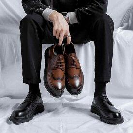 革靴 メンズ 革 カジュアル 英国風 ビジネス シューズ 秋 フラット ブラック ブローグ 結婚式 新郎靴 ラウンドトゥ レザーシューズ