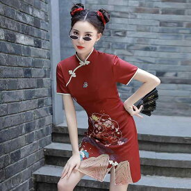 レディース ファッション カジュアル 婦人服 レトロガール 赤 チャイナドレス 大きめサイズ ショートスカート ストリートドレス 夏