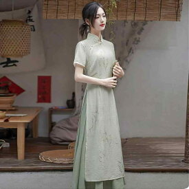 中国風 民族風 女性 レディース 夏 ハイウエスト プルオーバー ロングスカート 半袖