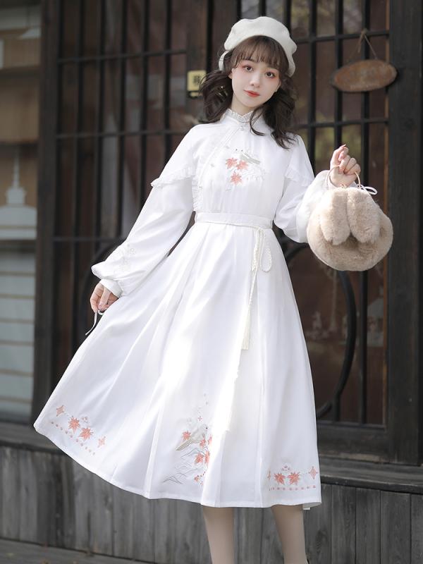 ドレス レディース 中国風 2点セット ワンピース ホワイト 花柄 長袖