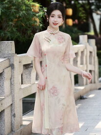 中国風 チャイナ ドレス 若々しい 女の子 アオザイ シフォン ドレス チャイナドレス スリット