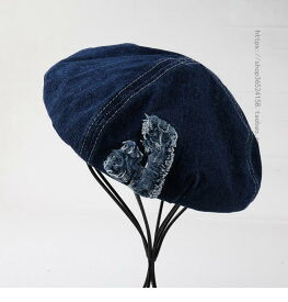 帽子 韓国 ダメージ加工 デニム ベレー帽 小顔効果 秋 ファッション つば無し レディース パッチ