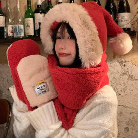 冬 レディース 赤 クリスマス テーマ 帽子 スカーフ かわいい 厚手 暖かい ぬいぐるみ ネック スカーフ 手袋3 点セット