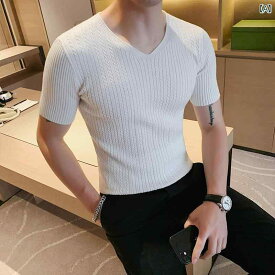 Tシャツ ニット 英国 男性 無地 半袖 韓国 スリム Vネック 若々しく カジュアル ファッション