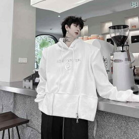 メンズ トップス 韓国 秋服 メタルプリント フード付き スウェット 感 ジッパー装飾 トレーナー ホワイト ブラック