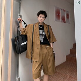 レザーバンド装飾 ショートパンツ 韓国 カジュアル メンズ 感 半袖トップス 半袖ジャケット カーキ ブラック