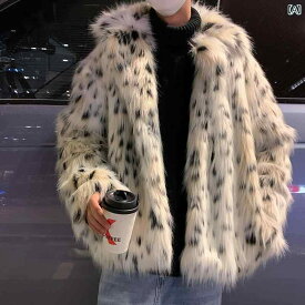 メンズ コート 韓国 黒 白 柄 フェイク 毛皮 暖かい ショート コート 冬 ファッション ヒョウ柄 毛皮 猫