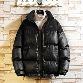 PUレザー中綿 コート メンズ 冬 スタンドカラー 厚手 防寒 ジャケット 大きいサイズ ゆったり ダウン ジャケット