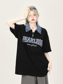 レトロ デニム ポロ カラー 半袖Tシャツ レディース トップス ポロシャツ