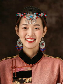 ヘッド ドレス エスニック チベット 頭飾り 額 チェーン タッセル ターコイズ メタル 宝石 象嵌 チベット ヘア アクセサリー レディース 額 ジュエリー レトロ