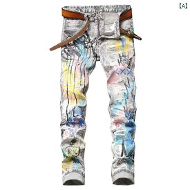 ストリートファッション メンズ パンツ グラフィティ プリント ダメージジーンズ パンク バンド 衣装 ボトムス ズボン デニム