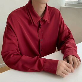 メンズ カジュアル 韓国 シック シンプル ドレープシャツ バーガンディ 長袖シャツ 先染め生地 二重襟 春 ゆったり