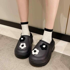 韓国 ローヒール 冬 プラットフォームソール ラバー ミディアムバックヒール PU 女性用 靴 シューズ