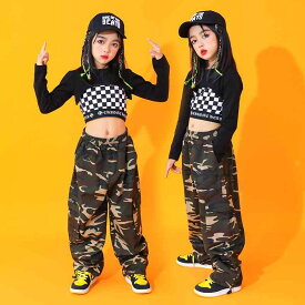 キッズ ストリート ファッション セットアップ 女の子 ヒップ ホップ 子供用 ジャズ ダンス へそ出し 長袖 迷彩パンツ パフォーマンス 韓国