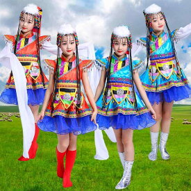 民族 ダンス衣装 子供用 キッズ チベット ダンス パフォーマンス 衣装 コスチューム 女の子 民族 袖 レッド ブルー エスニック