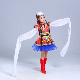 民族 ダンス衣装 子供用 キッズ チベット 舞踊 パフォーマンス 衣装 民族 女の子 レッド ブルー コスチューム ダンス イベント