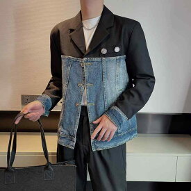 メンズ ファッション おしゃれ 韓国 デニム スプライシング ジャケット ハイエンド シングルブレスト ゆったり