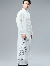 夏 チャイナ風 レトロ メンズ シフォン ローブ 中国 漢服 スタンドカラー マント プリント 唐スーツ 竹 セットアップ