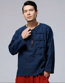 チャイナ風 レトロ メンズカジュアル コットン リネン 長袖 Tシャツ 斜め前立て ボタン 装飾 中国 漢服 トップス