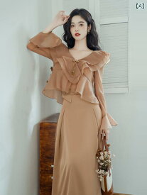 レディース 婦人服 スカート ロング レトロ 古風 牧歌的 文学的 韓国 秋 ブラウス 半袖 ニット ボーダー セットアップ
