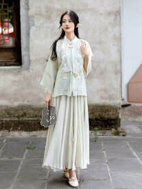 レディース 婦人服 キャミ ワンピース ドレス 文学的 レトロ 牧歌的 中国 刺繍 ブラウス ガウン セット シフォン