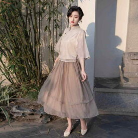 レディース 婦人服 スカート ブラウス 文学的 レトロ 牧歌的 フリル シフォン 中国 漢 夏 禅