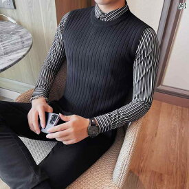 英国風 秋冬 メンズ ファッション シャツ襟 ファイン ウール ブラック カーキ カジュアル ニット スリム フィット トップス